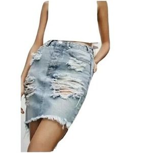 One by One Teaspoon Freelove  Distressed Skirt Size 24 Denim Cotton
